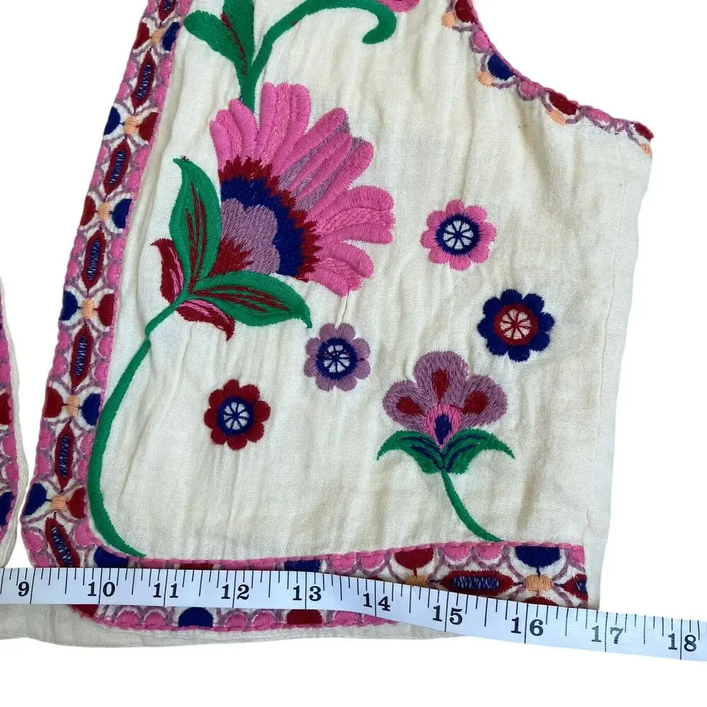 Zara Sz M Floral Embroidered Open Front Vest Cream Multicolor Folk Style - Picture 14 of 16